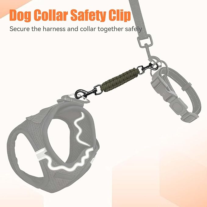 Dog Collar Safety Clip, Collar Companion, Handmade Backup Safety Strap, Double-Ended Clip Leash Connector, Suitable for Dog Harnesses, Prong, Pinch Collars (Black + Army Green, 2 Pack)