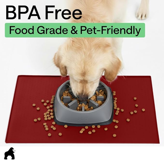 GORILLA GRIP 100% Waterproof Raised Edge BPA Free Silicone Pet Feeding Mat, Dog Cat Food Mats Contain Spills Protects Floors, Placemats for Cats and Dogs Water Bowl, Pets Accessories 32x24 Red
