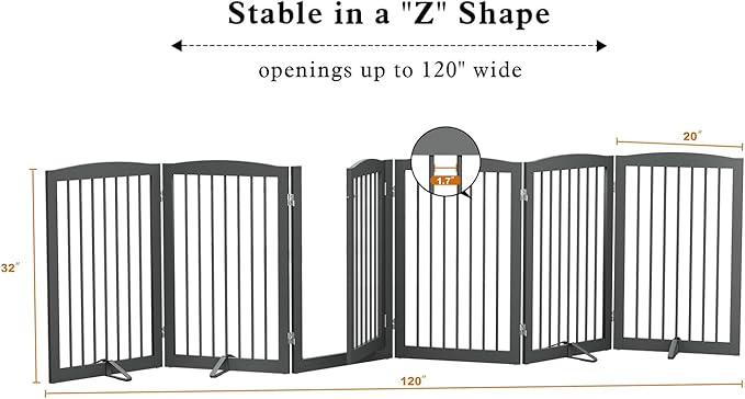 PUPETPO Freestanding Pet Gate with Door, Tall Dog Gate for House, Extra Wide, Pet Puppy Safety Fence, Support Feet Included, 120 Inch Wide, 6 Panels 32" Tall, Gray