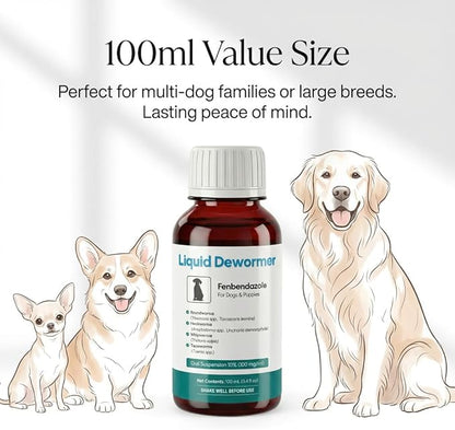 Dewormer for Dogs & Cats Liquid Fenbendazole 10% - Broad Spectrum Suspension - Removes Roundworm, Hookworm, Whipworms, Tapeworm - Easy to Mix with Food, Includes 3ml Dosing Syringe (100ml)
