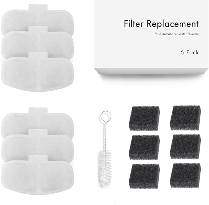 Replacement Filters for TK-WF119L Smart Stainless Steel Cat Water Fountain with WI-FI App Control, 3.5L/118oz Ultra-Quiet Pet Fountain Replacement Filters, Set of 6 Filters & 6 Sponges