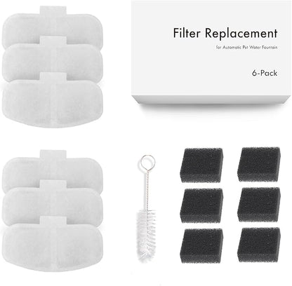 Replacement Filters for TK-WF119L Smart Stainless Steel Cat Water Fountain with WI-FI App Control, 3.5L/118oz Ultra-Quiet Pet Fountain Replacement Filters, Set of 6 Filters & 6 Sponges
