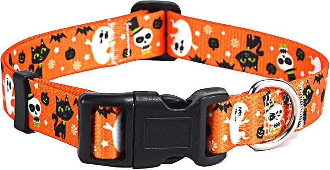 Mihqy Halloween Dog Collar - Pumpkin Bat Ghost Pattern - Adjustable for Small Medium Large Dogs(Halloween,L)