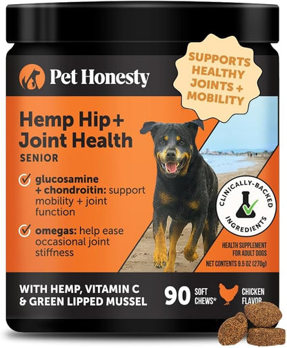 Senior Hemp Hip and Joint Supplement for Dogs - Glucosamine Chondroitin, MSM & Green Lipped Mussel - Relief for Joint Stiffness, Advanced Strength Mobility Support for Senior Dogs (Chicken, 90 Ct)