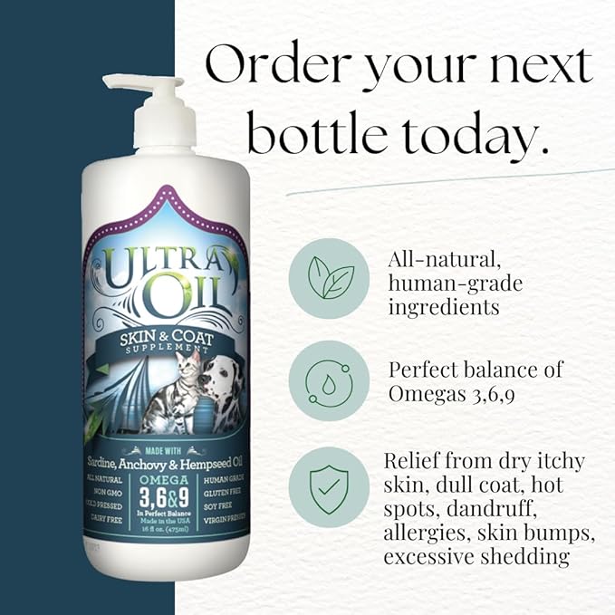 Ultra Oil Skin and Coat Supplement for Dogs & Cats - Hemp Seed Oil, Flaxseed Oil, Grape Seed Oil, Fish Oil for Relief from Dry Itchy Skin, Dandruff, and Allergies (8oz)