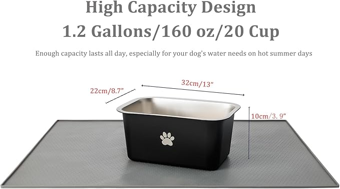 1.2 Gallons 20 Cup Non Slip Stainless Steel Large Dog Water Bowls, Outdoor Metal Dog Bowls Large Breed, High Capacity Water Bowl for Big Giant Huge Dogs, Black