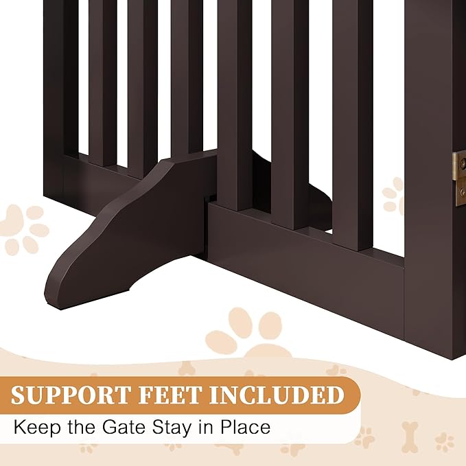 PUPETPO 24”H Freestanding Wooden Pet Gate, Dog Gate for Stairs, Doorways, and Hallways, Step Over Foldable Pet Fence for Indoor Use, Support Feet Included, 60 inch Wide 3 Panels, Espresso