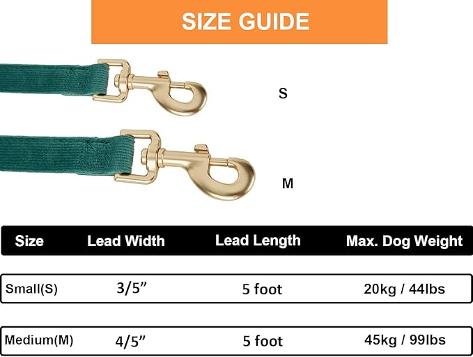 Soft Cotton Dog Leash, 5 Ft Heavy Duty Corduroy Dog Leashes with Gold Metal Hook for Small Medium Large Dogs,Small,Dark Green