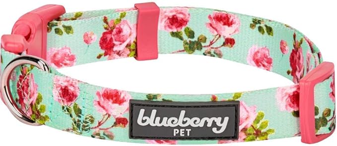 Blueberry Pet Dog Collar - Turquoise Floral Rose Print, Adjustable Small Dog Collar for Neck 12-16", Girl Dog Collars for Small Dogs, Puppy Collars, Easter Dog Collar, Eco-Friendly