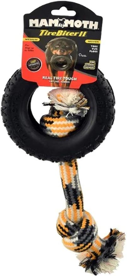 Mammoth Pet Products TireBiter w/Cotton-Poly Rope – Natural Rubber Dog Toys for Extreme Chewers – Dog Toys for Extra Long Interactive Play – Aggressive Chewer Toys for Small - Medium Dogs - Medium 5”