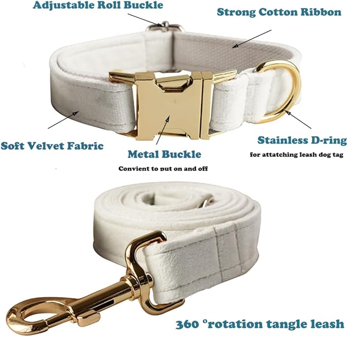 Love Dream Velvet Dog Collar and Leash Set, Soft & Comfy Adjustable Dog Leash and Collar with Heavy Duty Metal Buckle for Small Medium Large Dogs Training & Walking (Small, White)