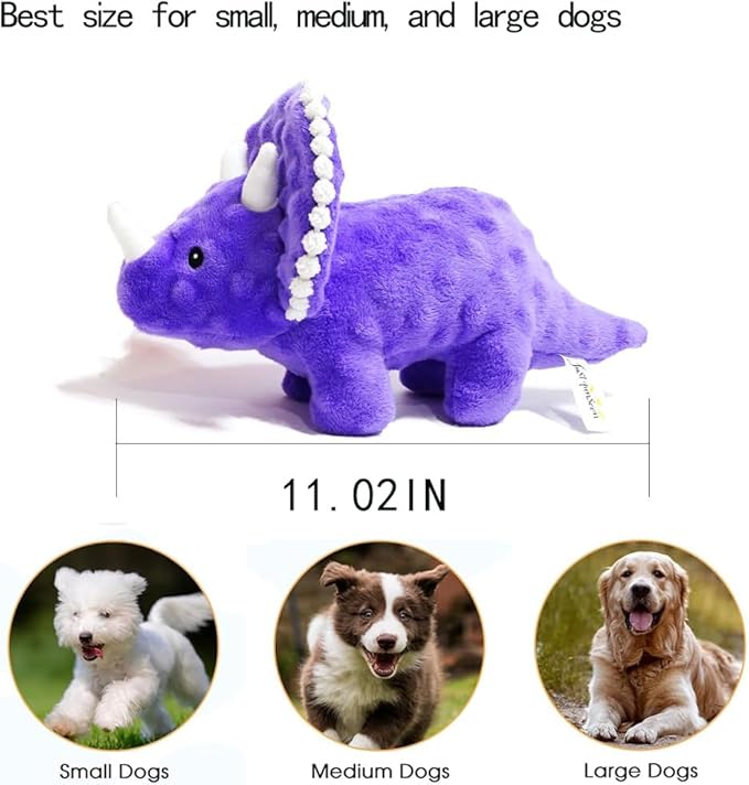 Squeaky Dog Toys Plush Dog Toy with Crinkle Paper Stuffed Durable Dog Chew Toys for Small Middle and Large Dogs Triceratops Green