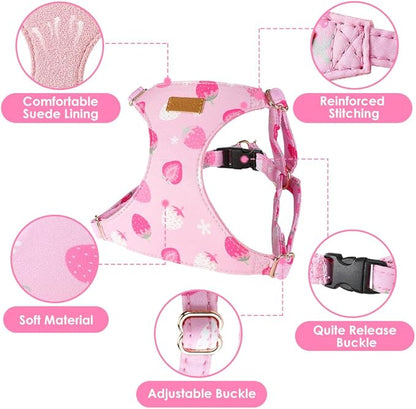Lukovee Puppy Harness and Leash Set, No Pull Lightweight Soft Suede Adjustable Pet Harness Vest with Snap Buckle for Puppy Small and Medium Size Dog (Pink Strawberry, XS)