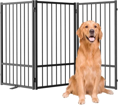 SNUOWU Full Metal Freestanding Dog Gate with Door, 36''Height Foldable Pet Dog Fence for Indoor & Outdoor, 3 Panels Extra Wide Free Standing TallDog Gates for Doorways,House,Stairs,Porch,Deck,Yard