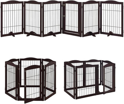 unipaws 132" Extra Wide Dog Gate and Pet Playpen, Free Standing Tall Dog Fence with Walk Through Door, Dog Barriers for Home, Use as Indoor Dogs Cats Pen, Rabbit Pen, Espresso