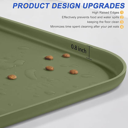 SMILOOL Silicone Pet Feeding Mat with Raised Edge for Food and Water, Dog Bowl Mats, Cat Bowls Placemat with High Lip for Floor Waterproof, Rubber Tray for Cats and Dogs 24 x 16 x0.8 Light Olive Green