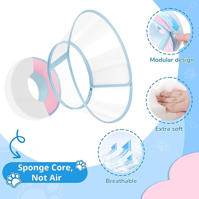 Sponge Core Dog Cone, Inflatable Dog Cone Collar Alternative, Dogs Donut Collar After Surgery, Soft Cone for Large Medium Small Dogs to Stop Licking, No Inflation Required, Clear View(Size 5, Pink)
