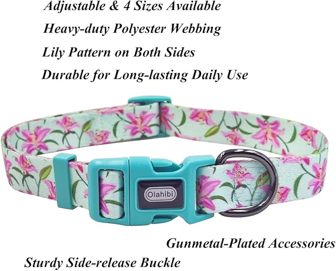 Dog Collar Leash Set, Floral Pattern, Polyester Material, Adjustable Collar and 5ft Matchcing Leash, for Large Dogs.(L, Green Lily)