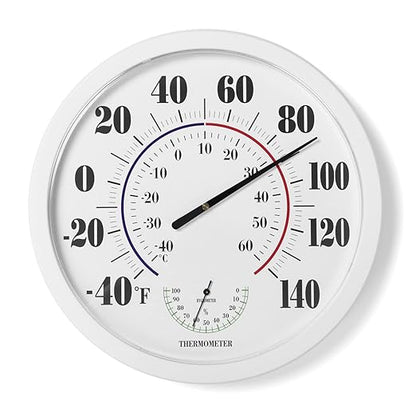 Indoor Outdoor Thermometer Wall Large Numbers Thermometer No Battery 10" Hanging Digital Weather Hygrometers for Home Garden Outside Patio Decor (White)