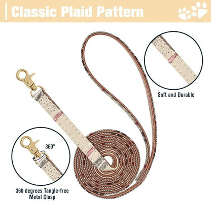 EXPAWLORER Puppy Collar and Leash Set - Embroidered Pawprints Plaid With Bow Tie, Bandana, and Bell for Dogs Cats Outdoor Walking, Beige XS