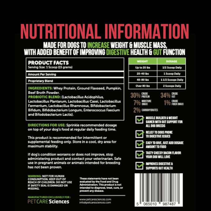 Dog Weight Gainer with Probiotic Gut Support - Weight Gain Supplements for Dogs - Canine and Dog Muscle Builder - 90 Servings - Made in The USA