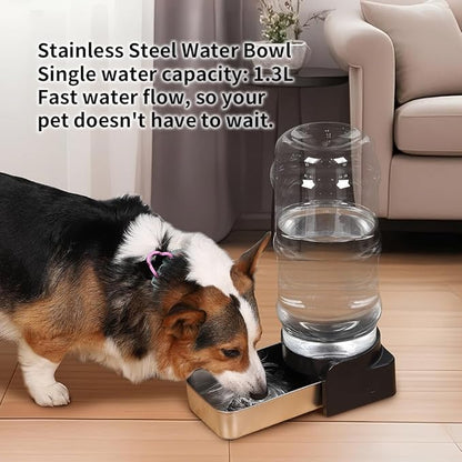 PAKEWAY Large Capacity Gravity Water Dispenser for Dogs, 2.3 Gallon Stainless Steel Pet Water Bowl for Medium & Large Pets, Low Refill Automatic Waterer with Filters