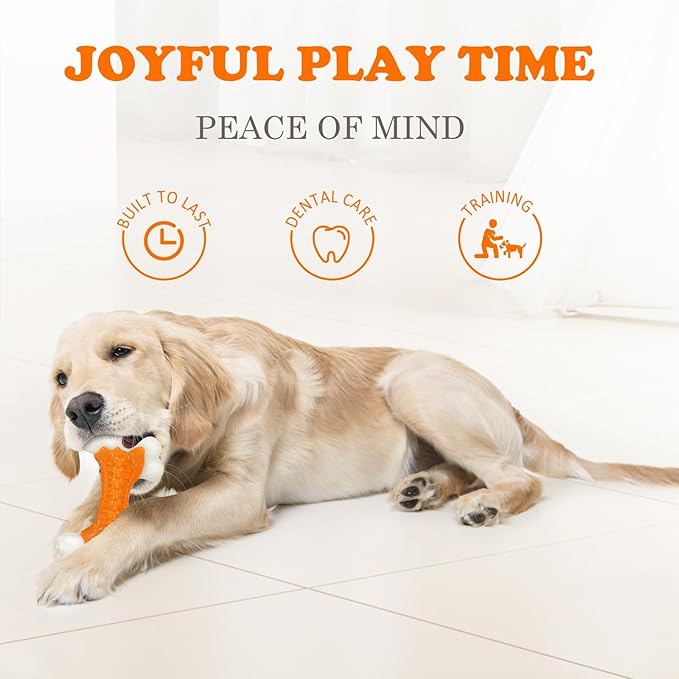 Kseroo 6-Pack Indestructible Dog Toys for Aggressive Chewers: Peanut Butter Flavored Hard Nylon Bone Chew Toys, Tough Dog Chew Toys, Dog Toys to Keep Them Busy for Medium Large Dogs, Orange