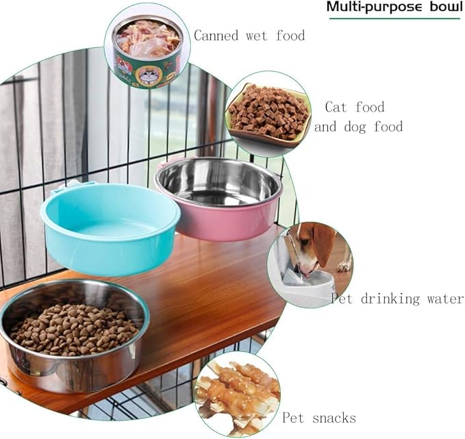 Pet Hanging Bowl 2-in-1 Removable Stainless Steel Food Hanging Bowl for Puppy/Cat, Andiker Pet Bowl Hanging Cage Large Water Food Feeder for Dogs Cats (Large, Pink)