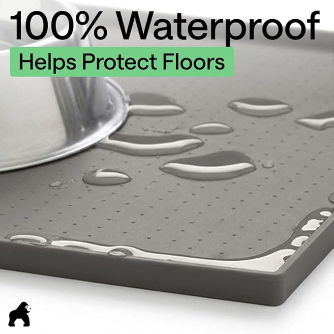 GORILLA GRIP 100% Waterproof Raised Edge BPA Free Silicone Pet Feeding Mat, Dog Cat Food Mats Contain Spills Protects Floors, Placemats for Cats and Dogs Water Bowl, Pets Accessories 18.5x11.5 Gray