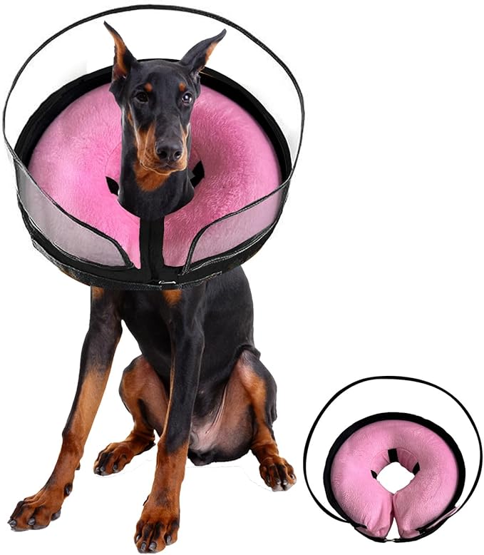Inflatable Dog Cone Collar-Enhanced Anti-Licking Protective Cone with Adjustable Strap-Soft Dog Donut Collar Recovery Cone for Pets After Surgery (Pink, M)