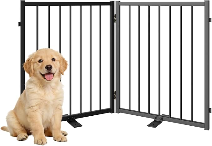 SNUOWU Full Metal Freestanding Dog Gate with Door, 24'' Height Foldable Pet Dog Fence for Indoor & Outdoor, 2 Panels Extra Wide Free Standing SmallDog Gates for Doorways,House,Stairs,Porch,Deck,Yard