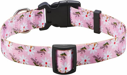 Mihqy Dog Collar with Bohemia Floral Tribal Geometric Patterns - Soft Ethnic Style Collar Adjustable for Small Medium Large Dogs (Pink White Flower,M)
