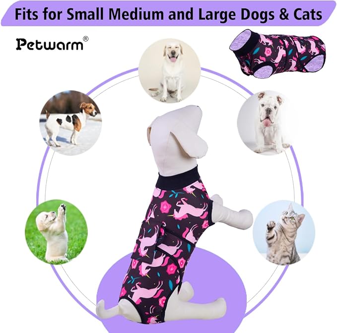 PetWarm Surgery Suit for Dogs Male, Dog Recovery Suit, Onesie for Dogs, Spay and Neuter, Weaning, Prevents Licking Cotton Protect Dog Abdominal, Unicorn Pattern, Black, L