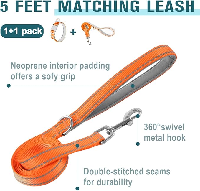 Dog Collar for Medium Small Large Dogs Reflective with Leash,Collar and Leash for Dogs,Soft Neoprene Padded 2 Pack(Orange,M)