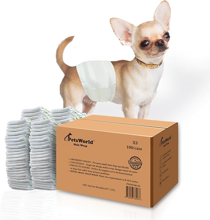 PetsWorld Dog Diapers Male X-Small 400 Count Disposable Male Dog Wraps – Super Absorbent Belly Bands with Wetness Indicator, Fur-Friendly Adjustable Fit for Incontinence & Training (Waist 8–10.5 in)