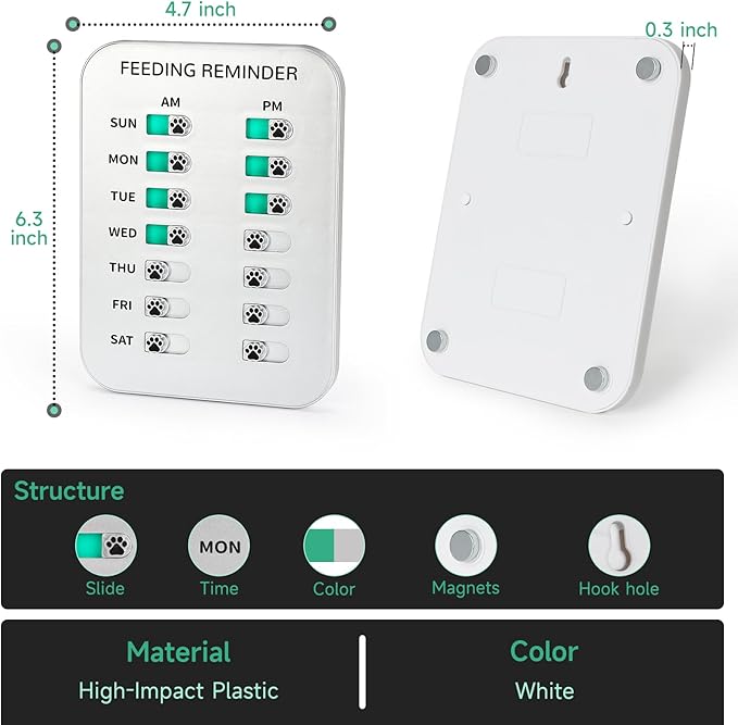 YAUYIK Dog Feeding Reminder, Magnetic OR Double Sided Adhesive Application, AM/PM Daily Chart Signs, Helps You Track Pets Feeding & Medication, Easy to Use on Fridge, Wall, Food Storage Bin (Silver)