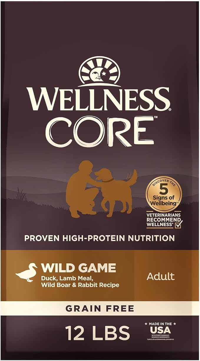 Wellness CORE Dry Dog Food, Grain-Free, High Protein, Natural, Wild Game Duck, Lamb, Wild Boar, & Rabbit Recipe, (12-Pound Bag)