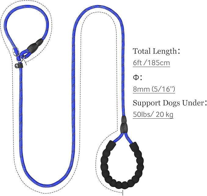 TagME 6ft Slip Dog Lead, No Pull Reflective Training Leash with Padded Handle, Professional Rope P-Leash for Small Medium Large Dogs, Heavy Duty Correction Lead for Walking & Training (Navy Blue)