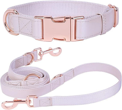 Soft Leather Dog Collar and Leash (6.6') Set - Stylish Rose Gold Heavy Duty Metal Buckle, 4 Adjustable Lengths Leash for Small Medium Large Dogs - Comfortable & Easy to Clean XS(8"-12"), Gold Pink