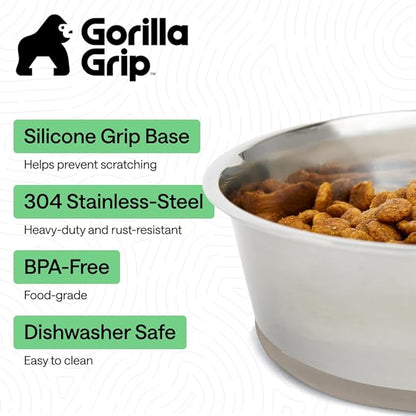 GORILLA GRIP Dog Bowls, Food Grade 304 Stainless Steel, Holds 8 Cups Each (64 fl oz) Food and Water Bowl for Feeding Dogs and Cats, Dishwasher Safe, Rust Resistant, BPA Free Rubber Base Set of 2 Beige