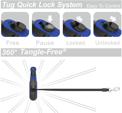 TUG 360° Tangle-Free Retractable Dog Leash with Anti-Slip Handle | 16 ft Strong Nylon Tape | One-Handed Brake, Pause, Lock (Small, Blue)