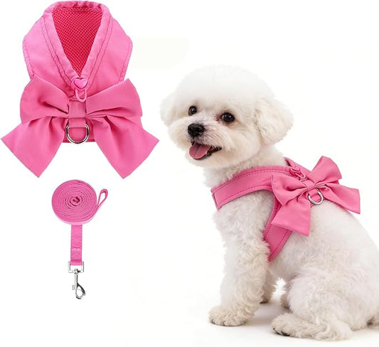 KOOLTAIL Small Dog Harness and Leash Set, Cute Puppy Vest Harnesses with Bowtie for Girl Outfit, Step in No Pull Soft Mesh Padded Adjustable Pet Harness for Extra-Samll Medium Dogs Cats XS-M, Pink S