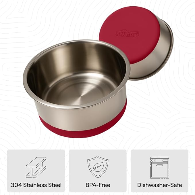 GORILLA GRIP Dog Bowls, Food Grade 304 Stainless Steel, Holds 8 Cups Each (64 fl oz) Food and Water Bowl for Feeding Dogs and Cats, Dishwasher Safe, Rust Resistant, BPA Free Rubber Base Set of 2 Red