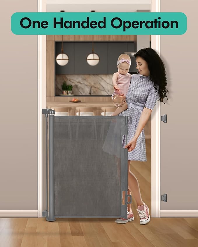 2PCS Retractable Baby Gates, Mesh Dog Gate for Doorways, 33.6" Tall, Expands to 55" Wide,Pet Safety Essential Fit for Baseboards, Wide Toddlers Gates for Hallways, Indoor & Outdoor,Grey