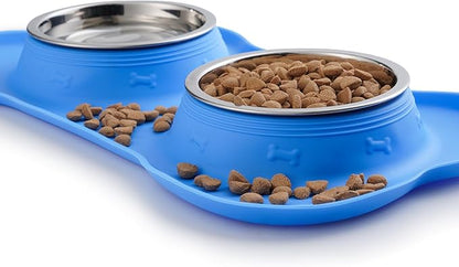 Hubulk Pet Dog Bowls 2 Stainless Steel Dog Bowl with No Spill Non-Skid Silicone Mat + Pet Food Scoop Water and Food Feeder Bowls for Feeding Small Medium Large Dogs Cats Puppies (Medium, Blue)