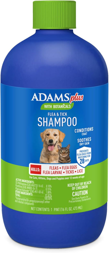 ADAMS Plus with Botanicals Flea & Tick Shampoo for Cats, Kittens, Dogs & Puppies, Flea Shampoo for Flea Infestations, Soothes & Conditions Dry Skin & Coat, Kills Fleas, Flea Eggs, Ticks & Lice, 16 oz