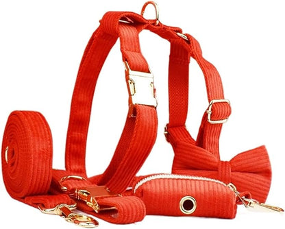 Dog Leash, 5Pcs Corduroy Dog Harness Collar Leash Set with Poop Bags,Hands Free(5PCS set14,Large)