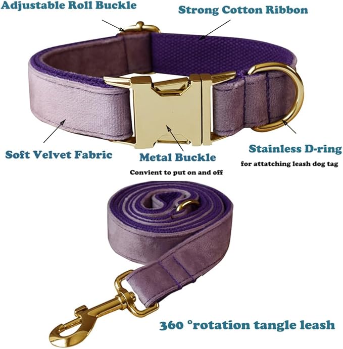 Love Dream Velvet Dog Collar and Leash Set, Soft & Comfy Adjustable Dog Leash and Collar with Heavy Duty Metal Buckle for Small Medium Large Dogs Training & Walking (Large, Purple)