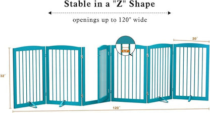 PUPETPO Freestanding Pet Gate with Door, Tall Dog Gate for House, Extra Wide, Pet Puppy Safety Fence, Support Feet Included, 120 Inch Wide, 6 Panels 32" Tall, Blue
