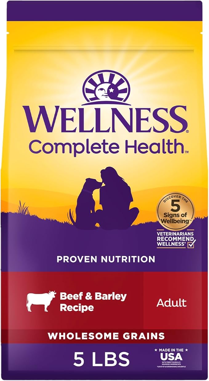Wellness Complete Health Adult Dry Dog Food, Wholesome Grain Kibble, Natural, Beef and Barley Recipe, 5 lb Bag